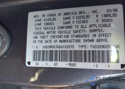 2006 Honda Accord Ex from USA, damaged, VIN 1HGCM56746A102070